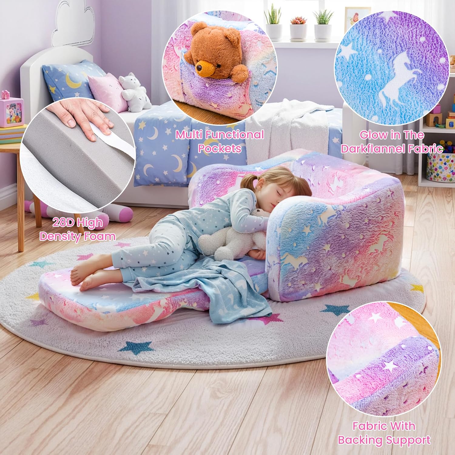 Lamerge 2-in-1 Toddler Couch,Glow in The Dark Baby Floor Bed,Foldable Toddler Chair Kids Sofa for playroom,Convertible Sofa to Lounger for Girls and Boys (Rainbow and Unicorn)