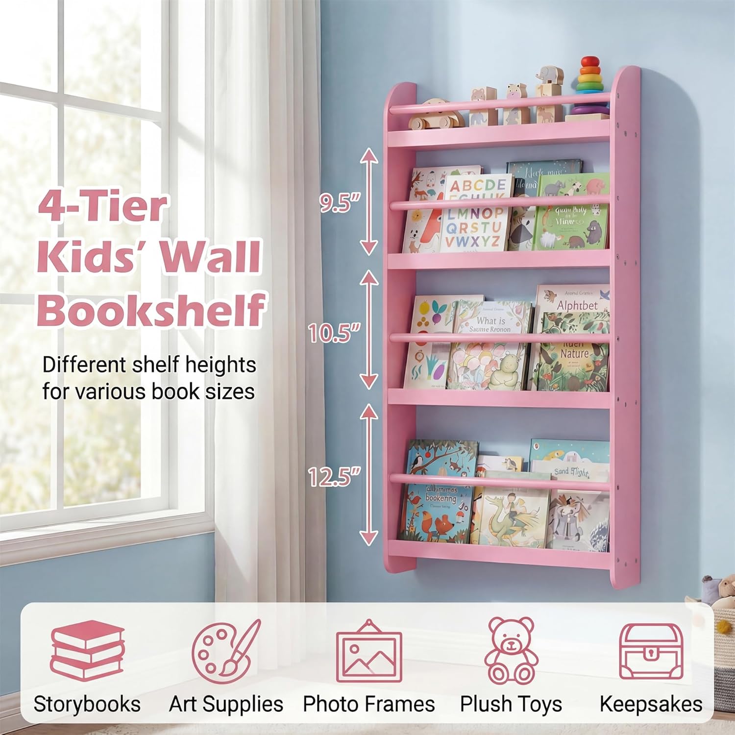 HONEY JOY Kids Bookshelf, Wall Mounted Shelf with Basswood Crossbar & Raised Edge, 4-Tier Bookshelf Organizer for Toys and Books, Space-Saving Wall Book Rack for Bedroom, Living Room, Nursery (Pink)