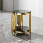 17.72" Round Sofa Side Table, 2-Tier Black Tempered Glass End Table with Gold Stainless Steel Frame for Living Room, Office & Café