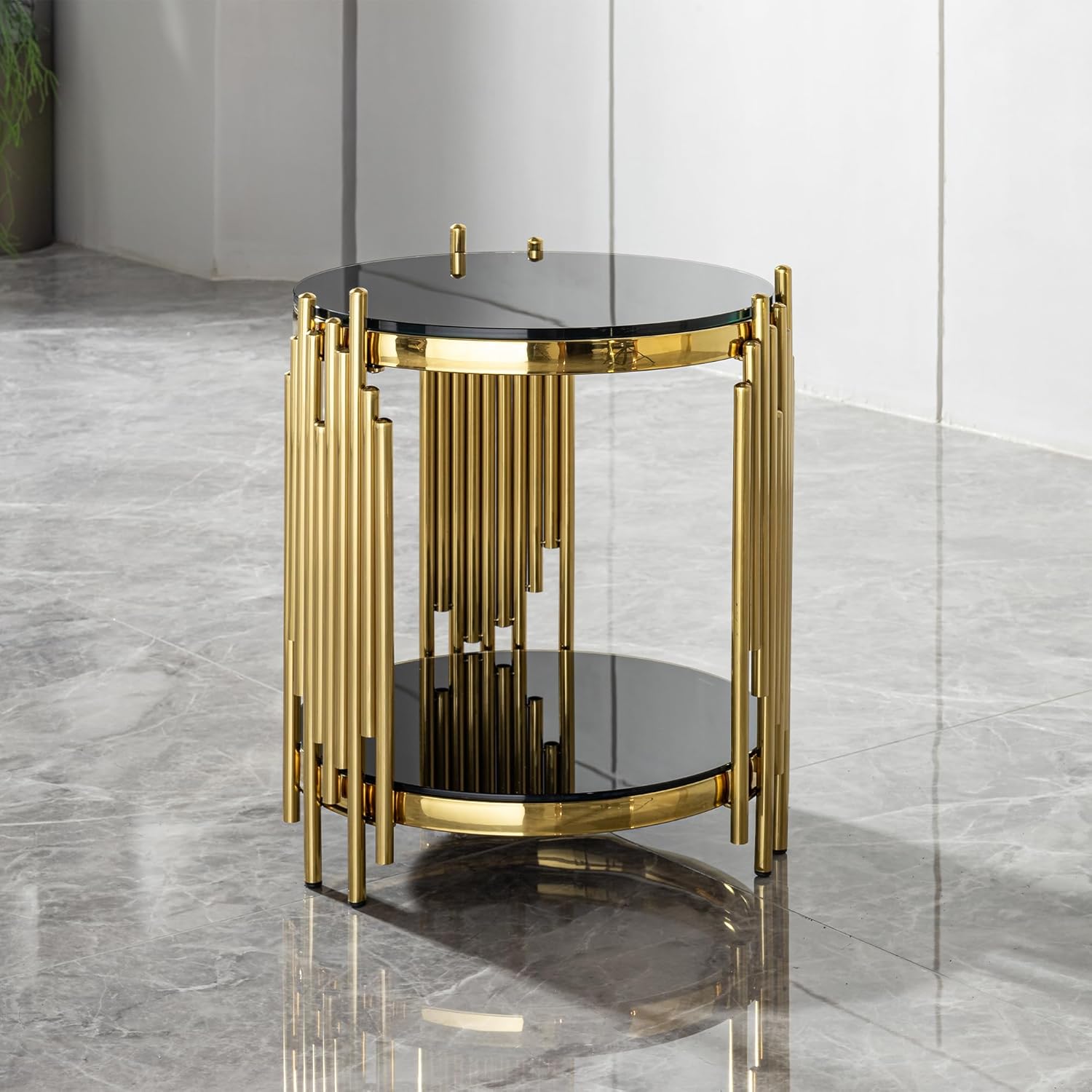 17.72" Round Sofa Side Table, 2-Tier Black Tempered Glass End Table with Gold Stainless Steel Frame for Living Room, Office & Café