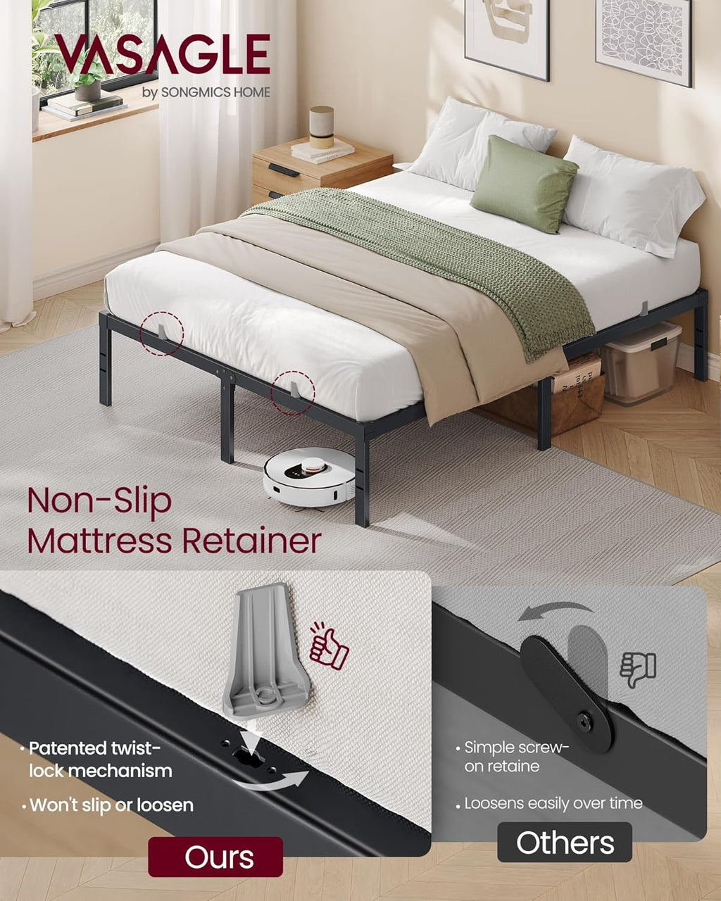 VASAGLE Full Metal Bed Frame 14 Inches Tall, 1100 lb Weight Capacity, No Box Spring Needed, with Under-Bed Storage, Easy Setup, Heavy-Duty Platform Bed, Mattress Retainers, Matte Black URMB652BD02S