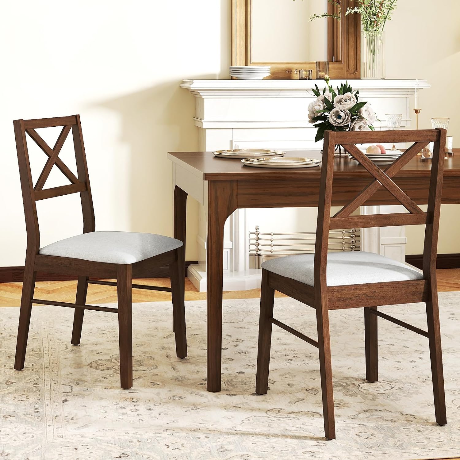 COSTWAY Wood Dining Chairs Set of 2, Upholstered Farmhouse Modern Dining Room Chairs with Backrest and 400LBS Capacity for Kitchen (Brown)