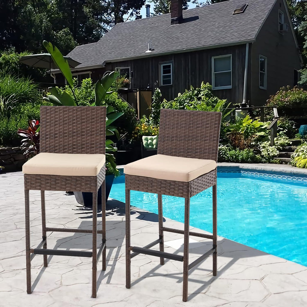 ECOTOUGE Rattan Bar Stools Set of 2, Patio Wicker Barstools with Cushions, Patio Bar Chairs Armless for Backyard, Poolside, Deck (Brown)