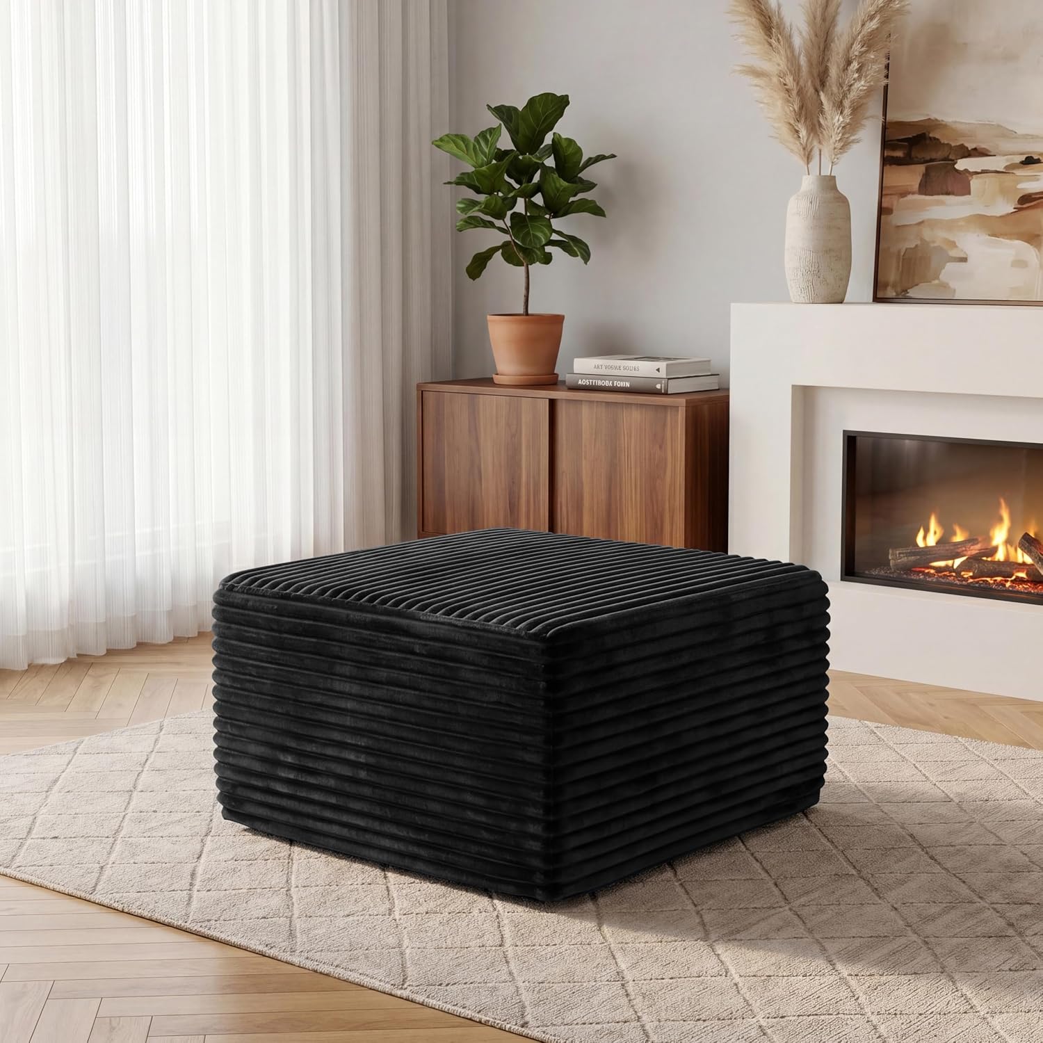 28” Boneless Couch Ottoman Modular Sectional Corduroy Cloud Sofa Foot Rest Ottoman for Living Room,Black