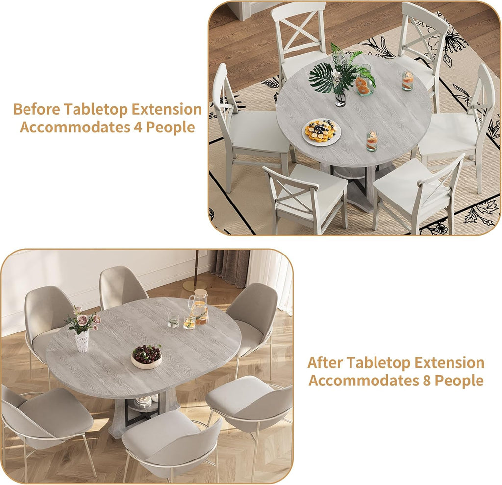 43.3''-59'' Round Extendable Dining Table for 4-6, Modern Kitchen Extendable Dining Room Table with 2-Tier Storage Shelves, Round Oval Dinner Table with Storage for Kitchen Living Room