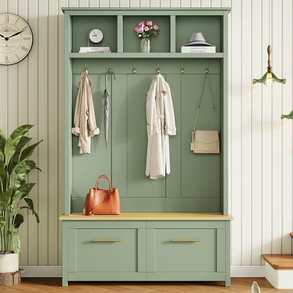Multifunctional 4-in-1 Hall Tree with 6 Golden Hooks and Brown Wood Grain Storage Bench, Wood Entryway Coat Rack with 2 Drawers for Living Room, Hallway (Mint Green)