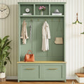 Multifunctional 4-in-1 Hall Tree with 6 Golden Hooks and Brown Wood Grain Storage Bench, Wood Entryway Coat Rack with 2 Drawers for Living Room, Hallway (Mint Green)