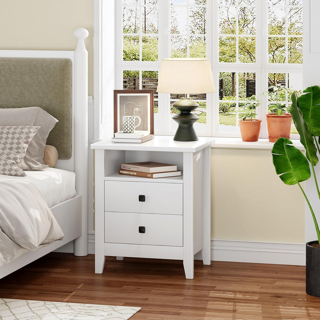 JSB Farmhouse Nightstand Set of 2 with 2 Drawers, Open Shelf for Bedroom | Night Stand, End Table,Bed Side, Side Table with Storage for Bedroom Kids Room Living Room, Holds 110 lbs,Sturdy, White
