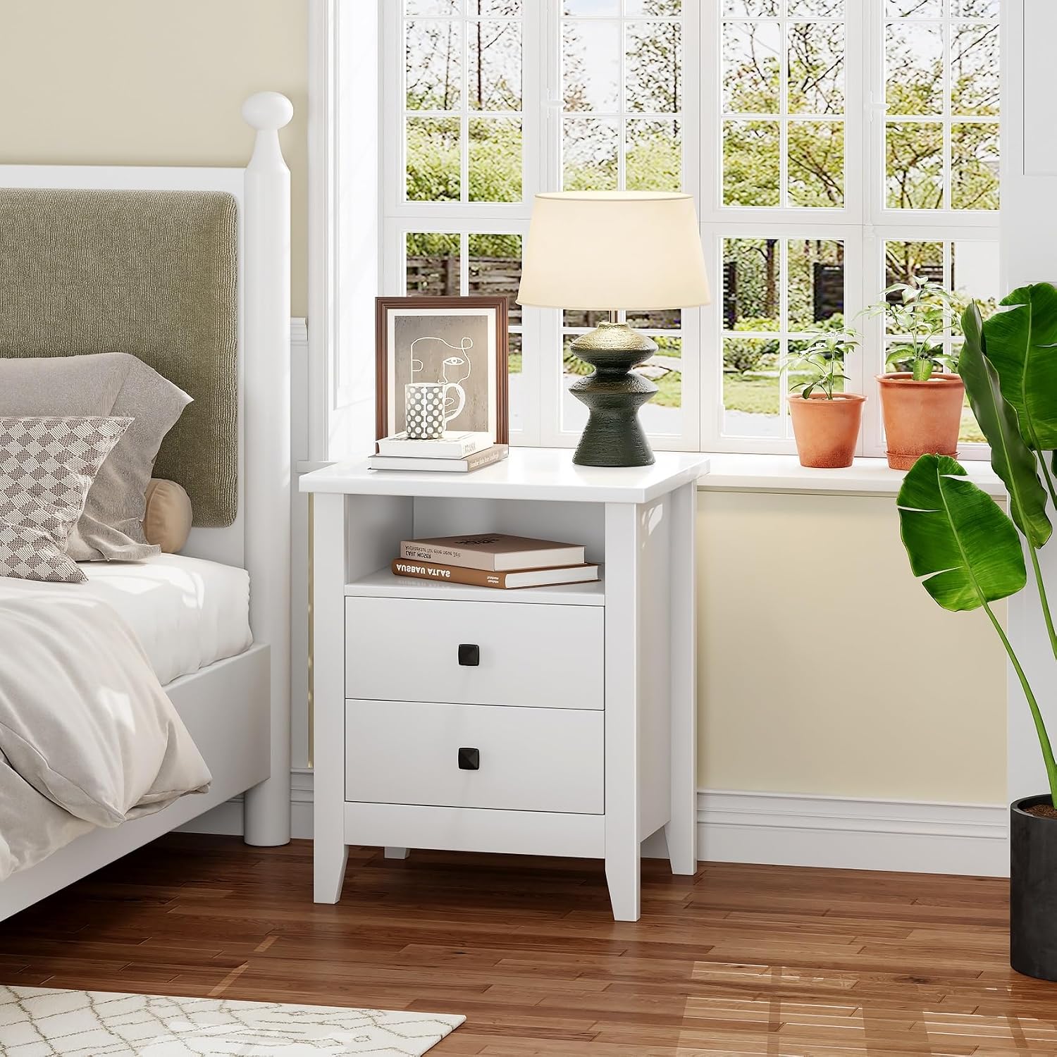 JSB Farmhouse Nightstand Set of 2 with 2 Drawers, Open Shelf for Bedroom | Night Stand, End Table,Bed Side, Side Table with Storage for Bedroom Kids Room Living Room, Holds 110 lbs,Sturdy, White