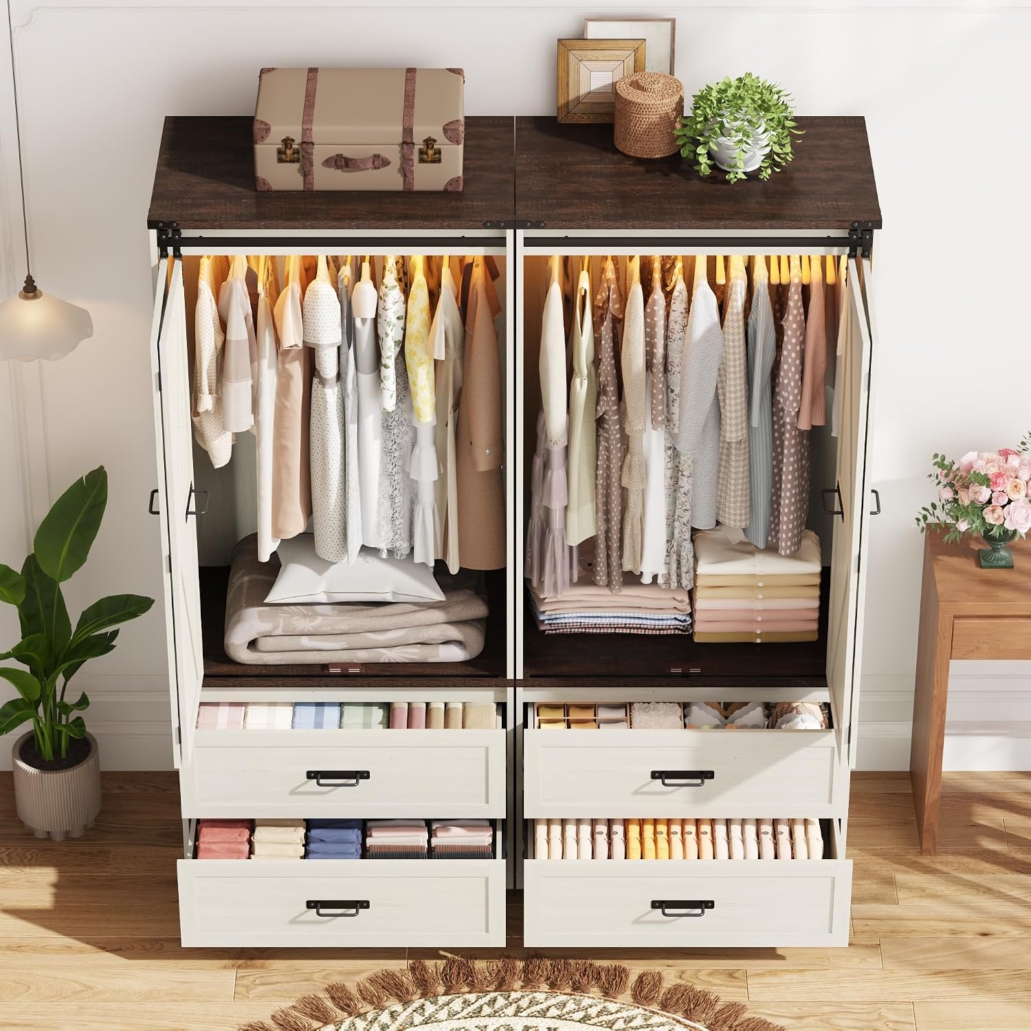 Farmhouse Wardrobe Armoire Closet with 4 Doors and 4 Drawers, 72" Wooden Clothing Storage Cabinet, Freestanding Large Capacity Storage Wardrobe Armoire with Hanging Rod for Bedroom,Antique White