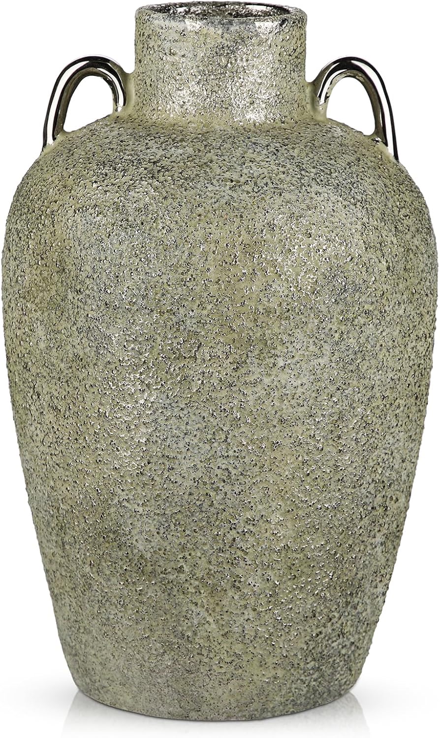 Large Antique Ceramic Flower Vase, 11.2" Tall Decorative Vintage Vases with Gold Handles, Rustic Glazed Farmhouse Vase for Home Decor, Living Room, Bedroom, Entryway, Desk, Shelf & Table Centerpiece