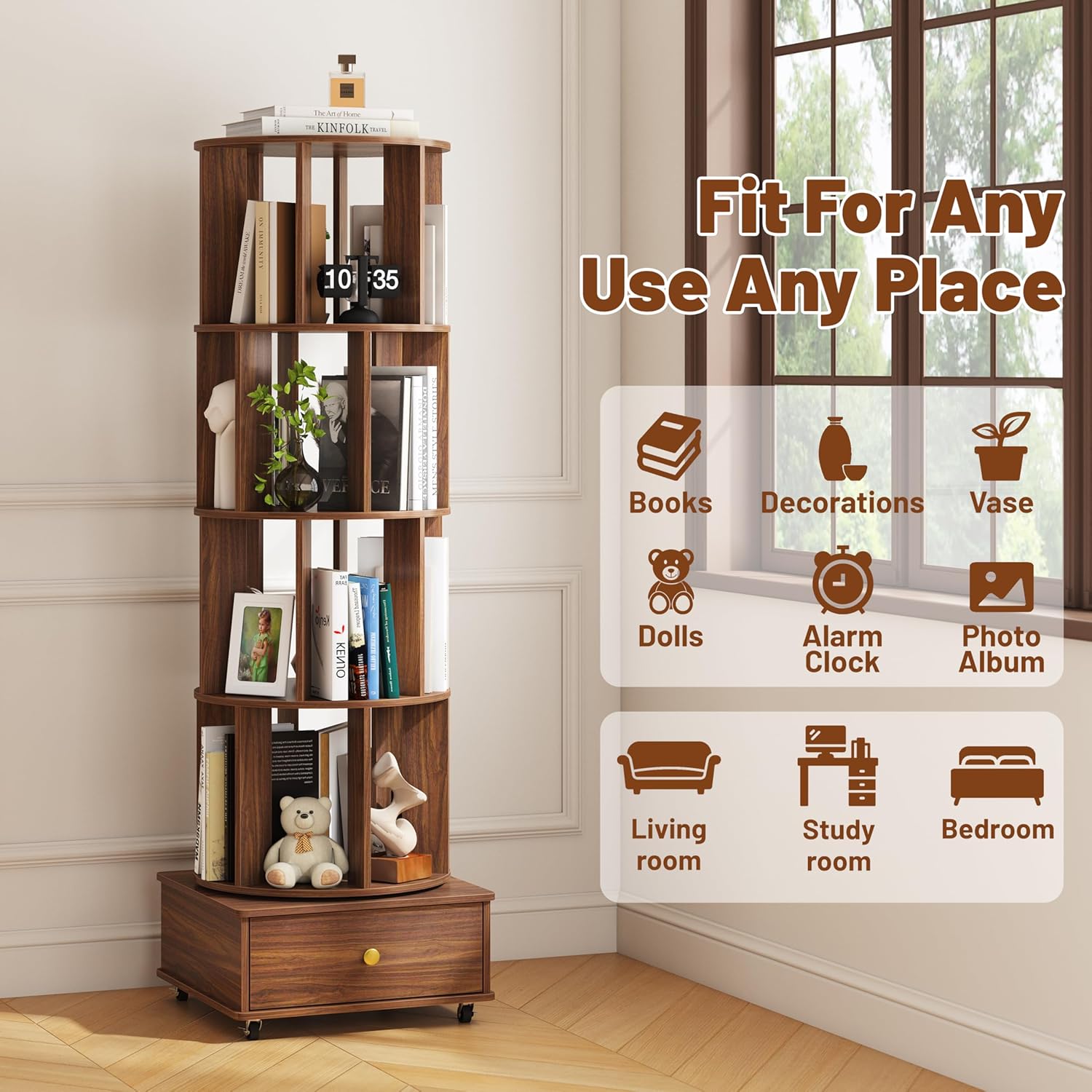 4 Tier Wood Rotating Bookshelf, 360° Spinning Bookshelf Tower with Lockable Wheels, Round Revolving Bookcase for Bedroom, Small Space, Corner, Office, Reading Nooks, Hallways, Walnut