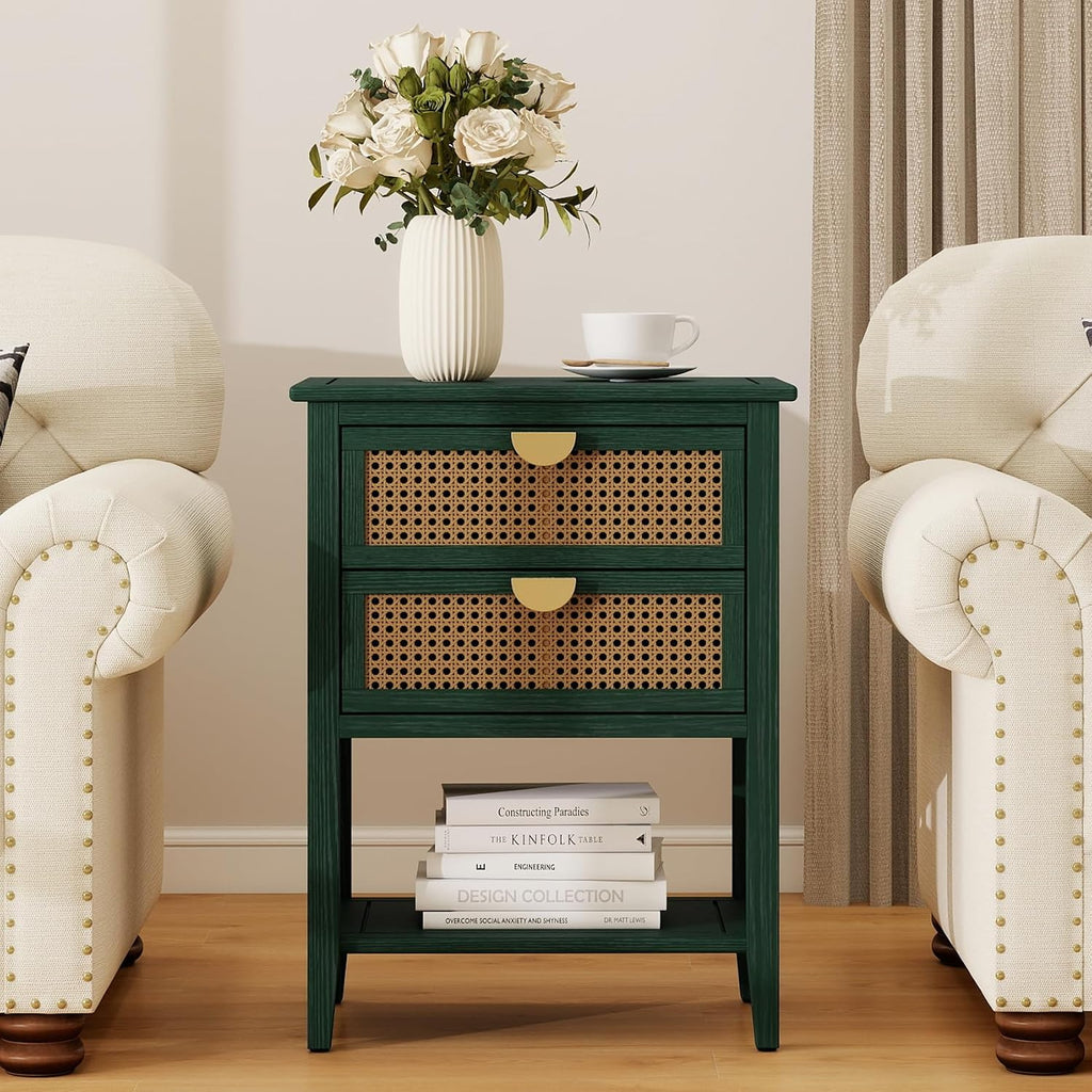 Rattan End Table with 2 Drawers & 1 Open Storage Shelf, Wood Side Table with Golden Semi-Circular Handles & Solid Wood Legs, Boho Nightstand for Bedroom & Living Room, Green, 1 PC