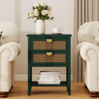 Rattan End Table with 2 Drawers & 1 Open Storage Shelf, Wood Side Table with Golden Semi-Circular Handles & Solid Wood Legs, Boho Nightstand for Bedroom & Living Room, Green, 1 PC