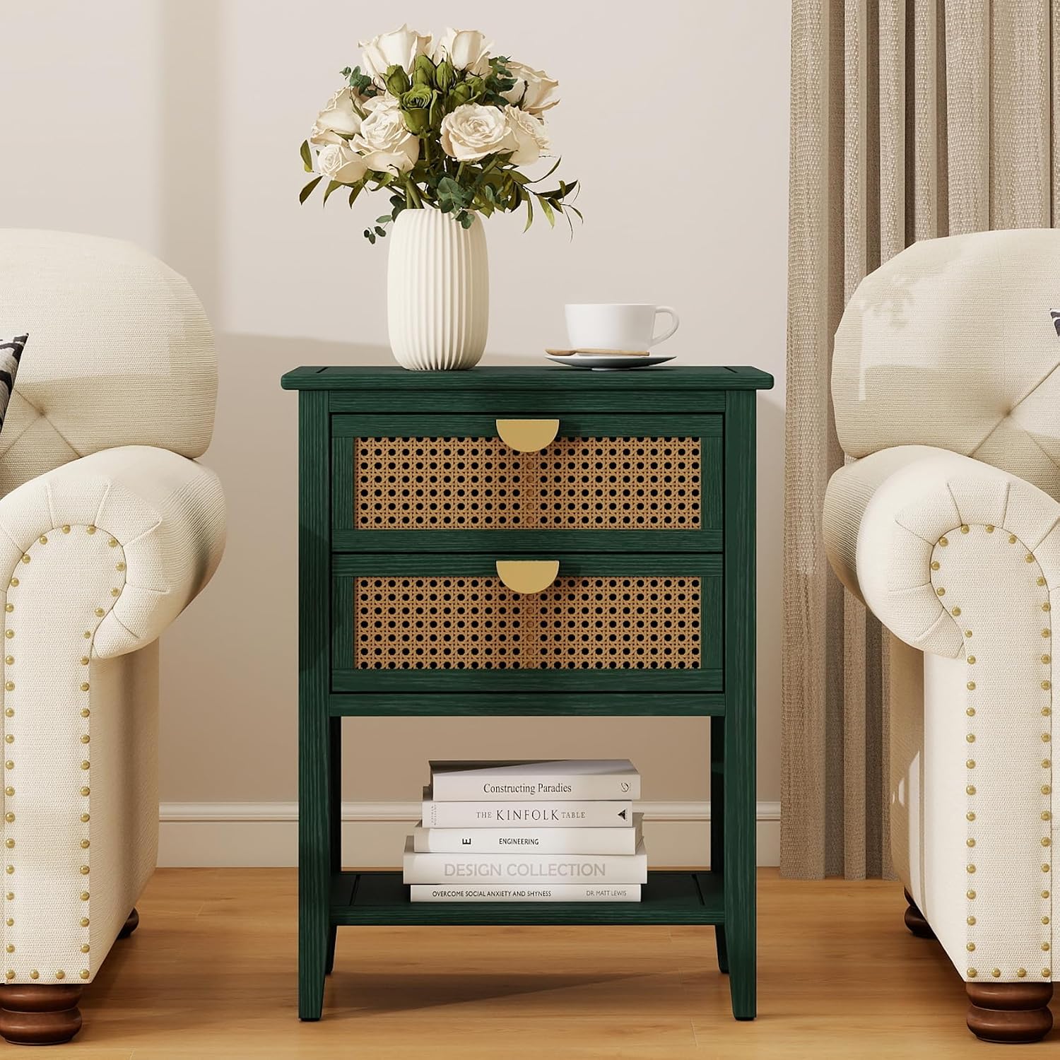 Rattan End Table with 2 Drawers & 1 Open Storage Shelf, Wood Side Table with Golden Semi-Circular Handles & Solid Wood Legs, Boho Nightstand for Bedroom & Living Room, Green, 1 PC