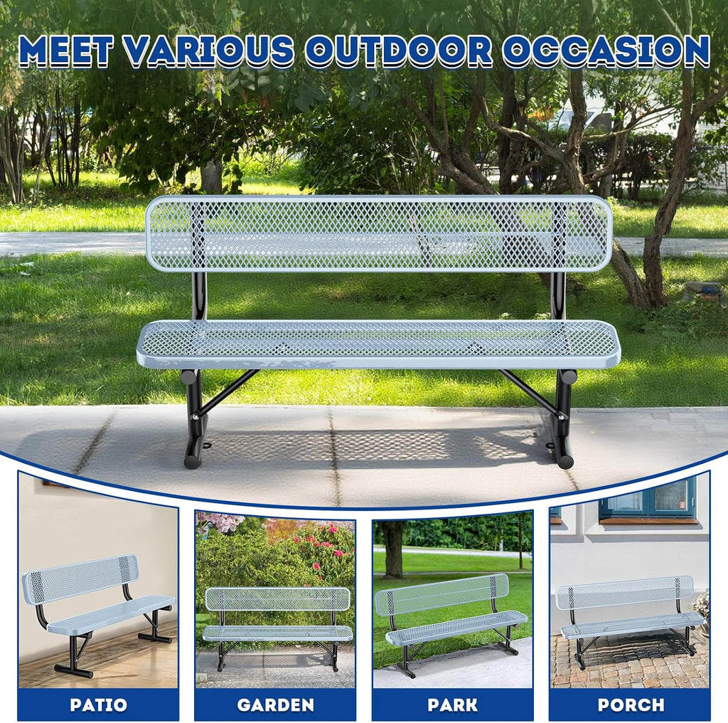 Heavy Duty Park Bench for Outside, Metal Park Bench with Back Portable Frame, Outdoor Steel Mesh Garden Bench with Backrest for Garden, Lawn, Patio, Porch, Park, Yard (Grey, 6FT/73INCH)