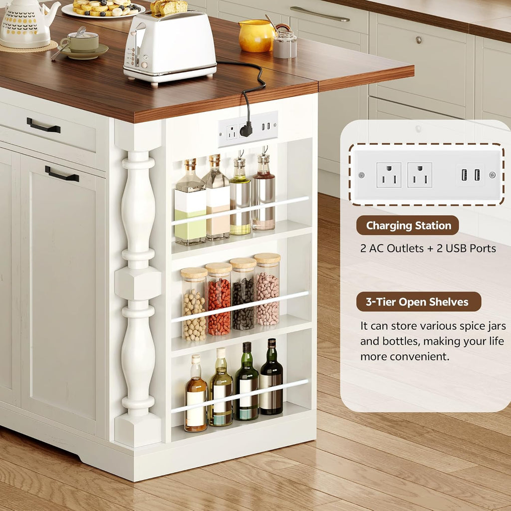 Kitchen Island with Power Outlet & Trash Cabinet, 47.6" Roman Style Rolling Kitchen Island with Drop Leaf Tabletop 11.8", Kitchen Cart with Spice Rack & Drawers & Cabinets Coffee Bar Station