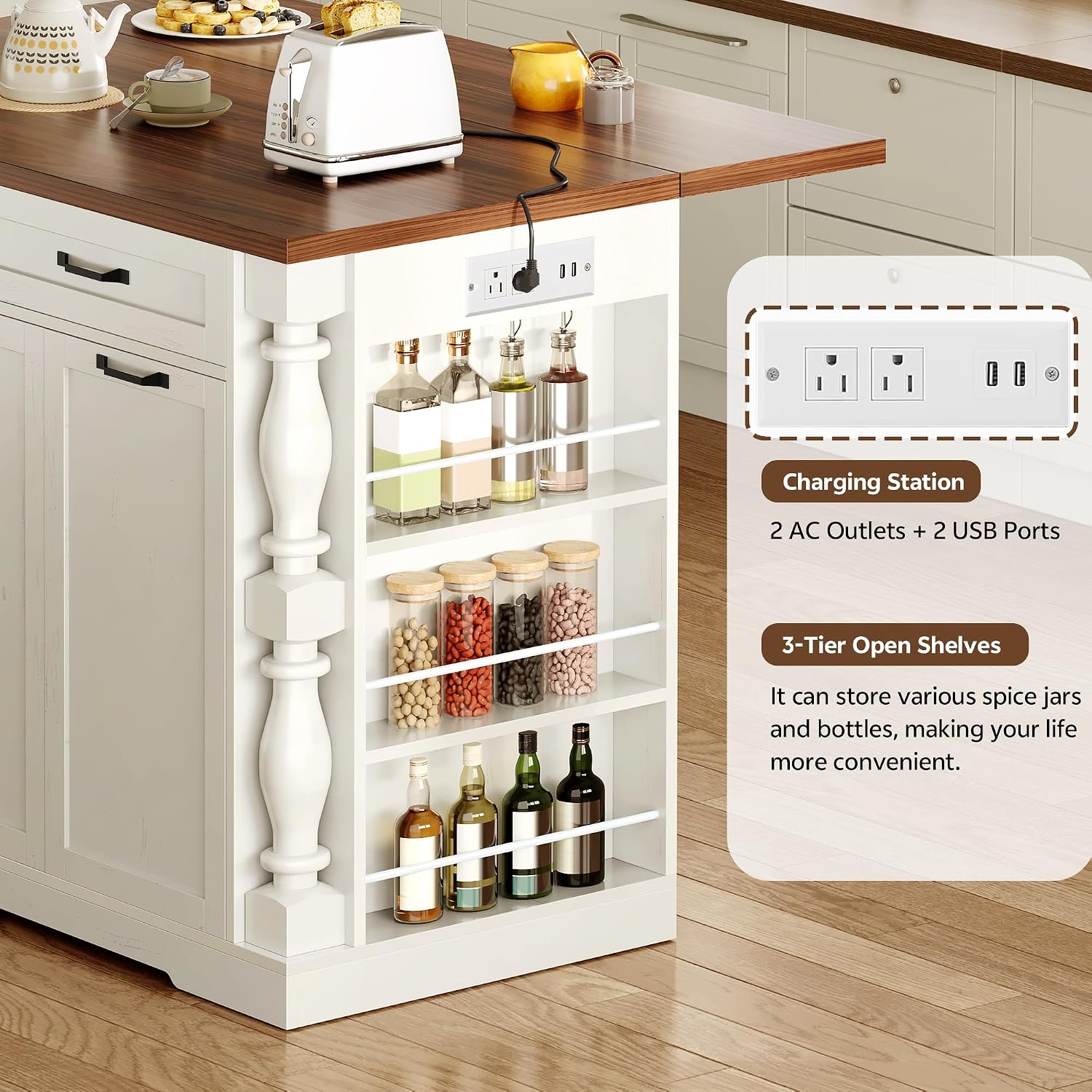 Kitchen Island with Drop Leaf, 47.6" Kitchen Island with Storage | with Power Outlet & Trash Bin Rolling Kitchen Cart with Spice Rack Island Table for Kitchen Breakfast Home Bar, Antique White