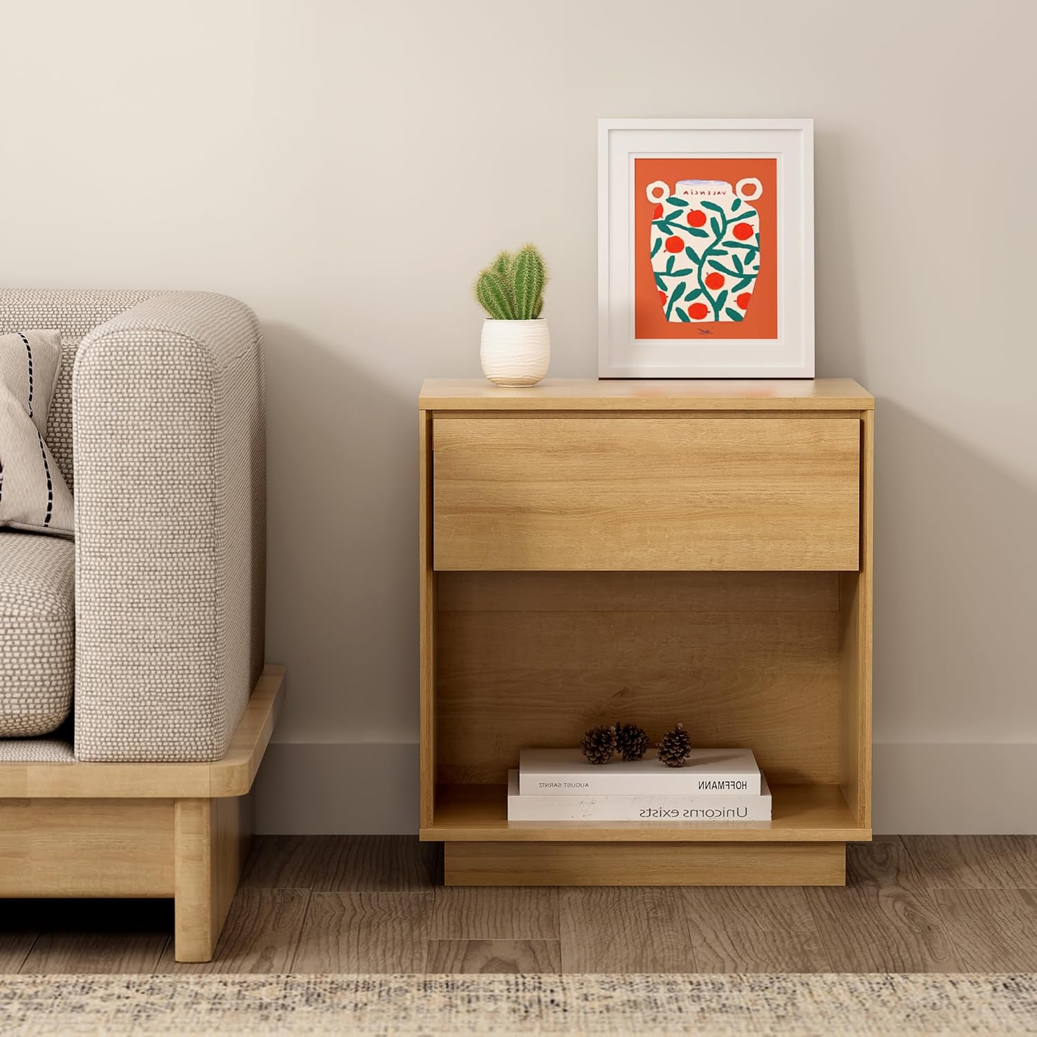 Wood End Side Table Modern Farmhouse Nightstand Bedside Cabinet with Storage Drawer and Open Shelf for Bedroom, Living Room, Natural Oak