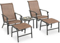 NUU GARDEN Patio Chaise Lounge Set of 3, 2 Textilene Patio Lounge Chairs with Ottoman and 1 Slatted Side Table, All-Weather Outdoor Set for Balcony Deck Yard Poolside, Black and Brown
