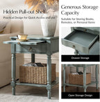 HULALA HOME Small End Table with Charging Station, Solid Wood Side Table with a Drawer & Open Shelf, Vintage Finish, Spindle Legs(Blue)