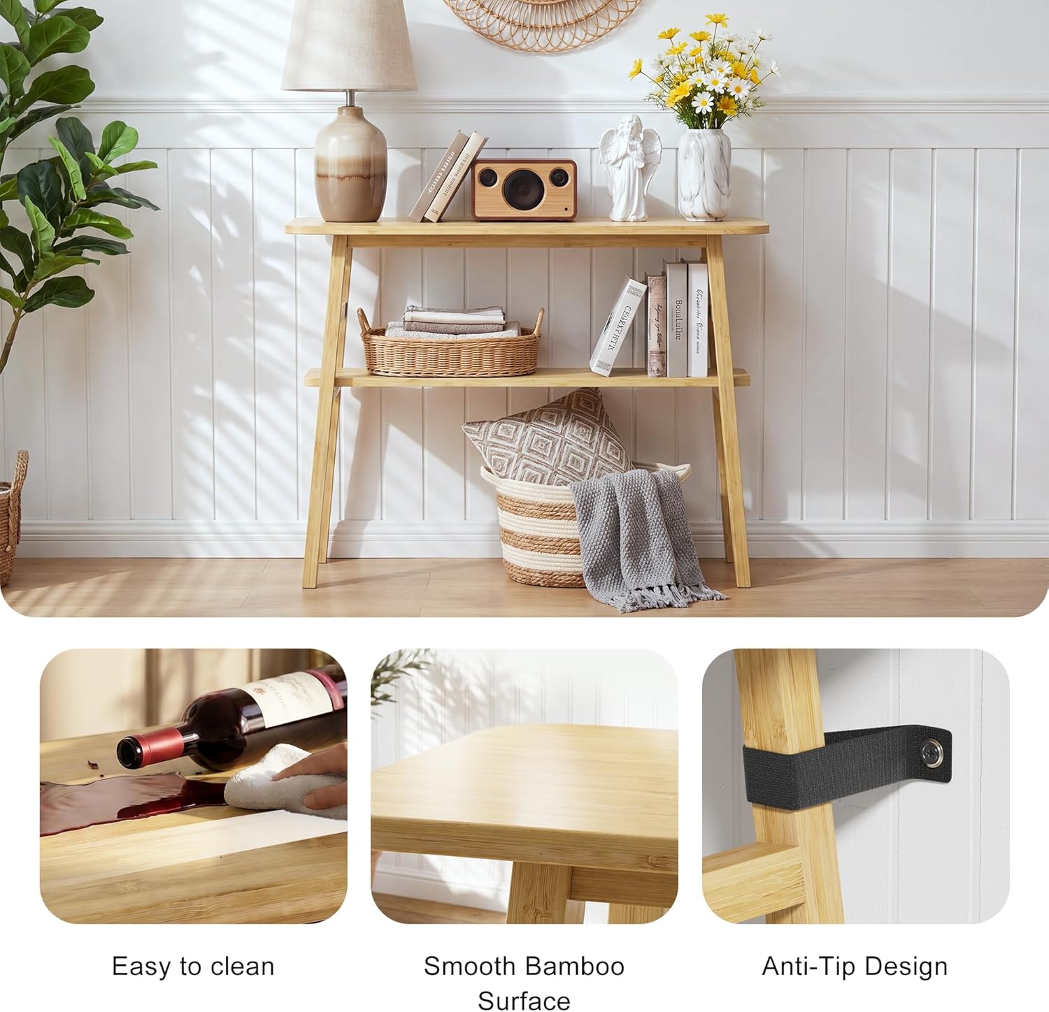 39.4" Solid Bamboo Entryway Console Table, Sofa Table Behind Couch, Narrow Bamboo Wood Entry Table with Storage Shelves for Living Room, Hallway，Modern, Easy Assembly, Natural