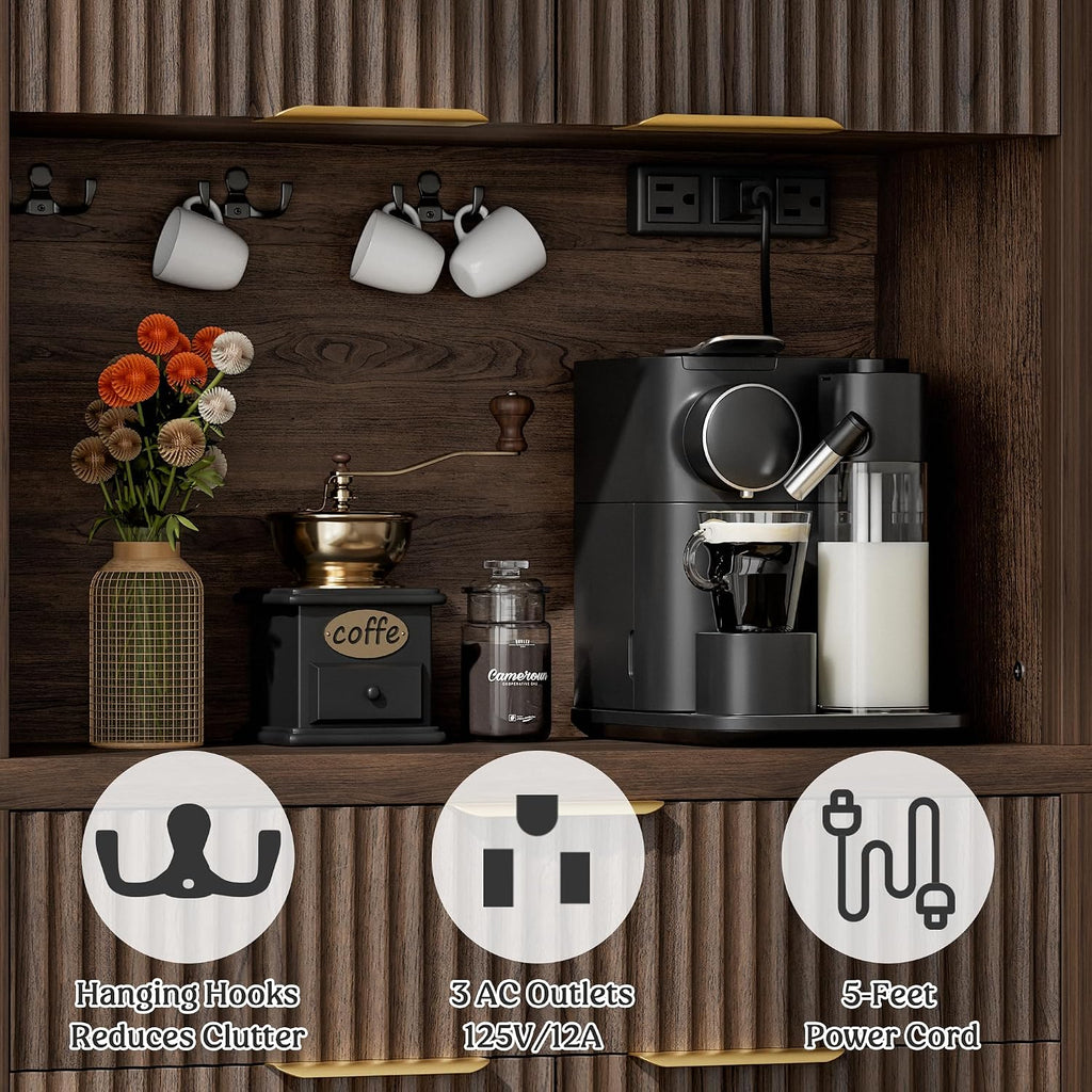 Lulive 71" Fluted Pantry Cabinet with Charging Station & Adjustable Shelves, Spacious Kitchen Storage Cabinet with Open Countertop & Drawer for Dining Room, Living Room, Brown
