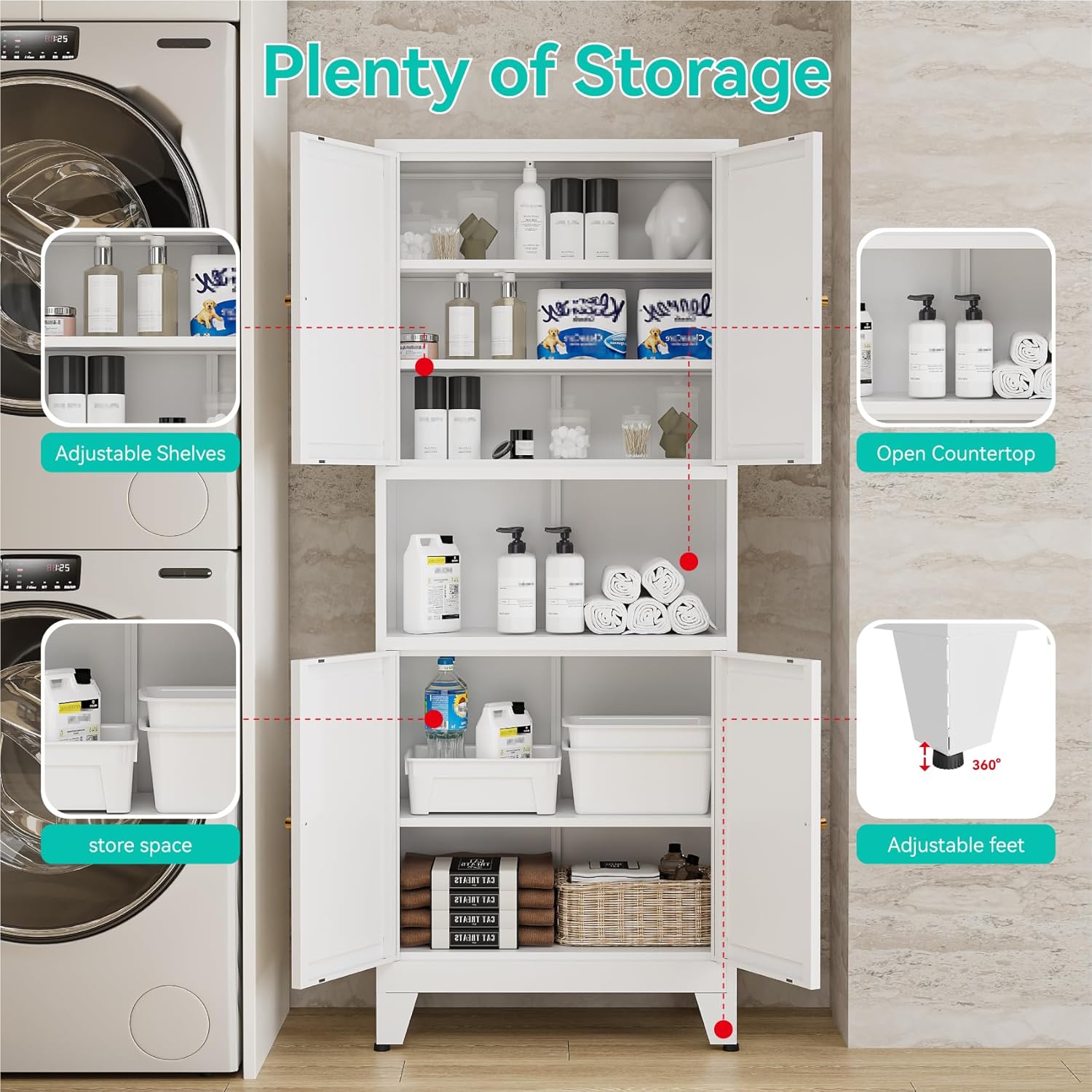 69" H Metal Pantry Cabinet with Open Shelf,13.78“Deep By 28" Wide Storage Cabinet with Doors and Adjustable Shelves,Microwave Stand,for Kitchen Dining Room Bathroom,White 1Pc