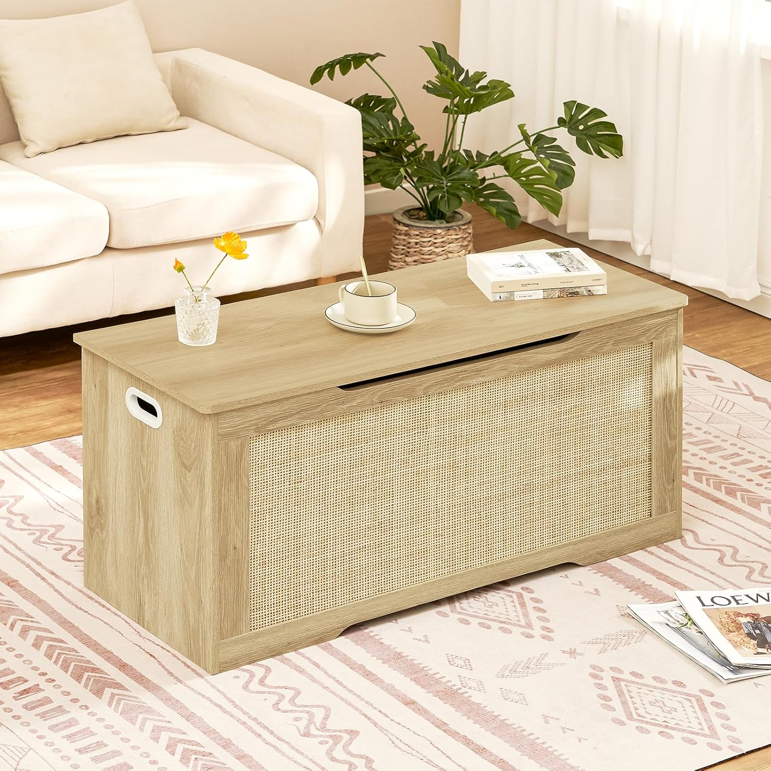 usikey 39.4” Storage Chest, Toy Box with 2 Safety Hinges, Toy Chest for Bedroom, Storage Bench with Storage, Shoe Bench, Supports 220 lb, for Living Room, Entryway, Natural