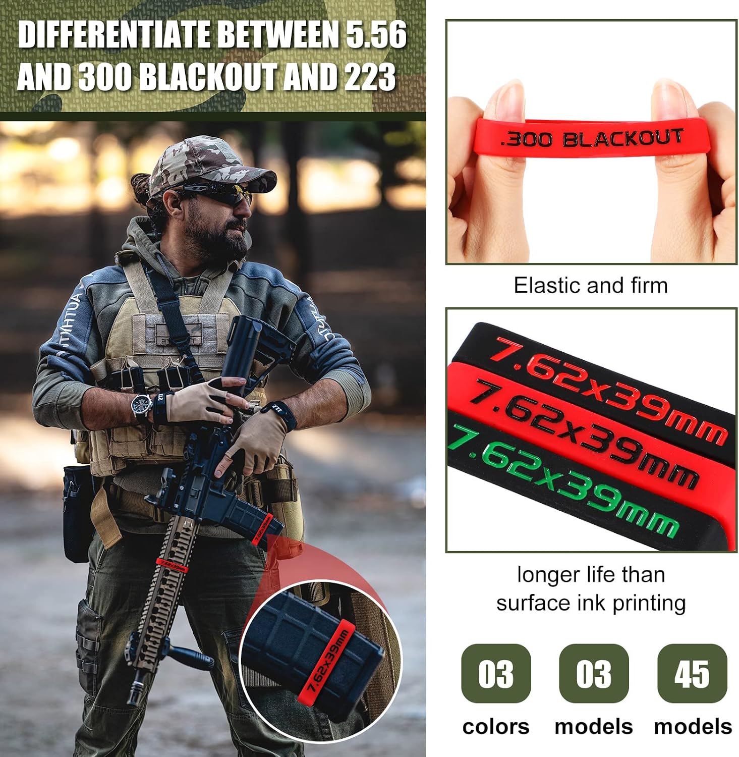 Chivao 45 Pack Magazine Marking Band 223, 300, 5.56, 7.62mm Magazine Bands for Accessories