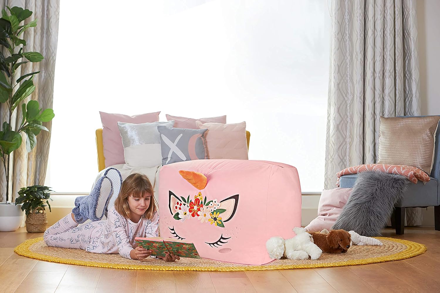 Aubliss Unicorn Stuffed Animal Storage Bean Bag Chair for Kids, Velvet Extra Soft Beanbag Chairs Cover, X-Large Stuffable Zipper Bean Bag for Organizing Plush Toys Girls Bedroom Decor, Pink Floral