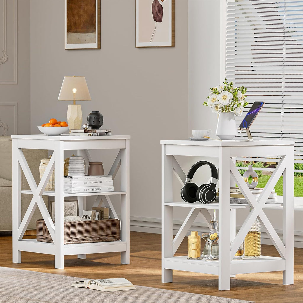 SEJOV Side Table for Living Room, White End Table with 3-Tier Storage Shelves X-Design Night Stand for Small Spaces Farmhouse Wooden Nightstand for Bedroom Bed Side Office