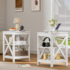 SEJOV Side Table for Living Room, White End Table with 3-Tier Storage Shelves X-Design Night Stand for Small Spaces Farmhouse Wooden Nightstand for Bedroom Bed Side Office