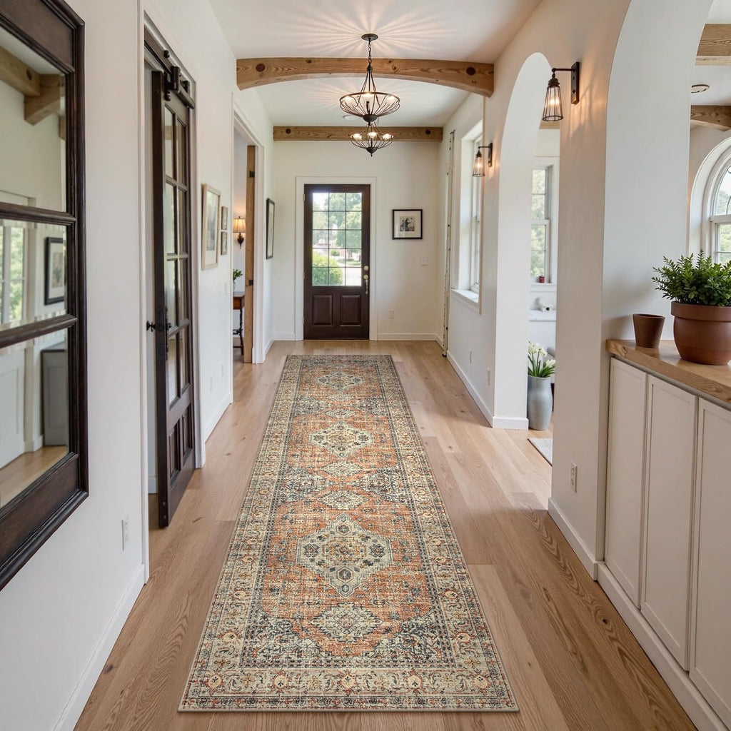 Lahome Oriental Kitchen Runners for Hallways, 2.5x10 Washable Runner Rug Non Slip, Soft Hallway Rug Distressed Ultra-Thin Long Carpet for Bathroom Entryway ‎Bedroom Eleanor, Peach/Orange