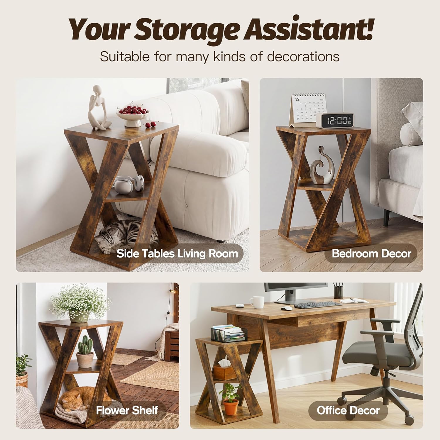 End Table Set of 2, Modern Wooden Side Table Nightstands for Small Spaces, Living Room, Office, Bathroom, 3-Tier Shelves, 15.75" D x 15.75" W x 25" H (Rustic Brown + Classic Black)
