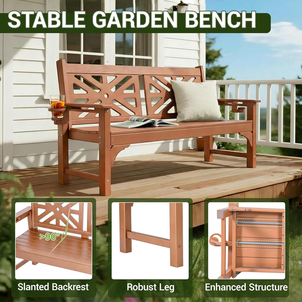 Outdoor Bench with Cup Holders, HDPE 2-Person All-Weather Patio Bench, 660 lbs Capacity, Fade & Rot Resistant for Porch Backyard Park, Brown