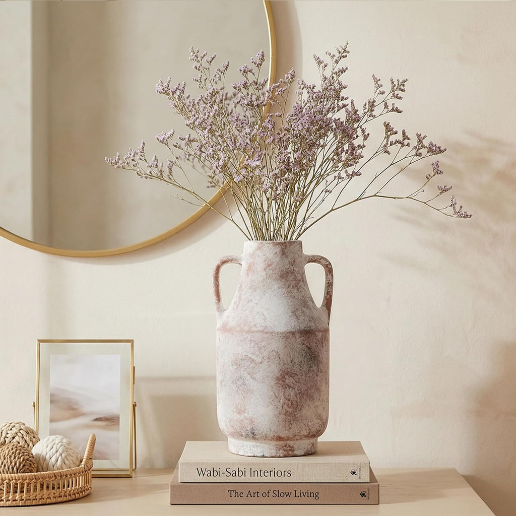 Ceramic Flower Vase with Handles, 11 in Tall Rustic Farmhouse Pottery Vases Decorative Large Vases for Living Room Entryway Kitchen Table Centerpieces Home Decor,Neutral