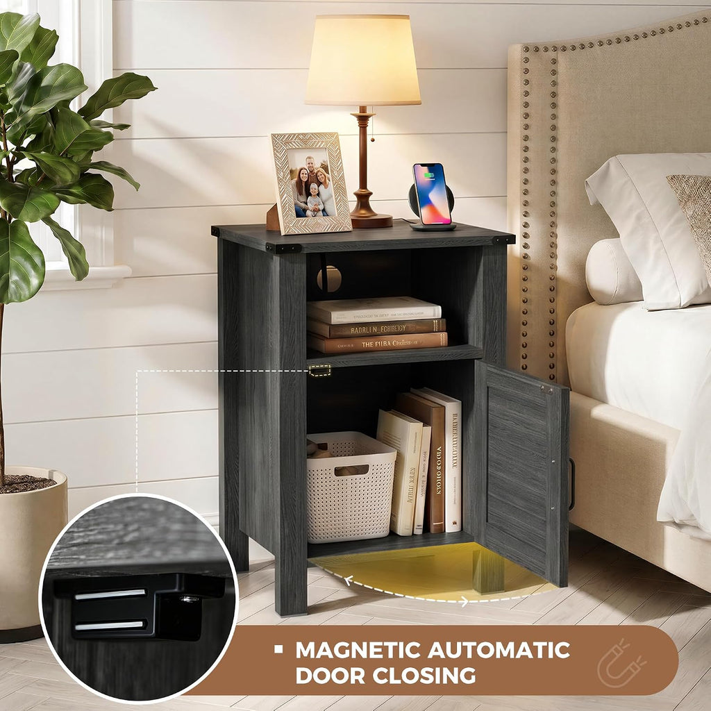 Miereirl Rattan Nightstand Set of 2 with Cabinet, Boho Farmhouse, Dark Gray | Hand-Woven Rattan Door, Open Shelf & Cord Hole, Magnetic Close, Quiet Hinge, Bedroom End Table, Easy Assembly