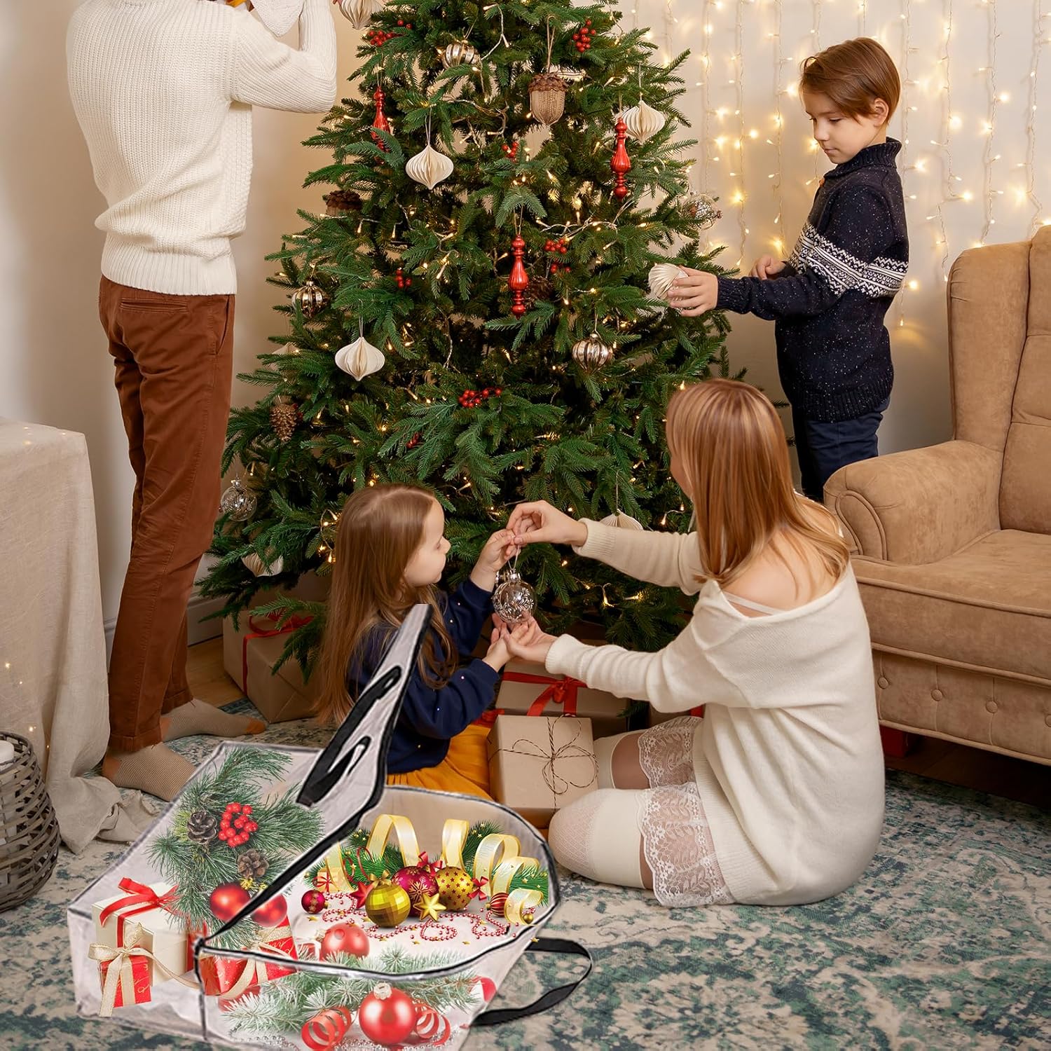 2 Pack 25 inches Wreath Storage Container,Extra Large Transparent Rectangular Christmas Ornament Storage Bags with Zipper and Handles,Perfect for Wreaths,Garlands,Gifts,Waterproof,Foldable