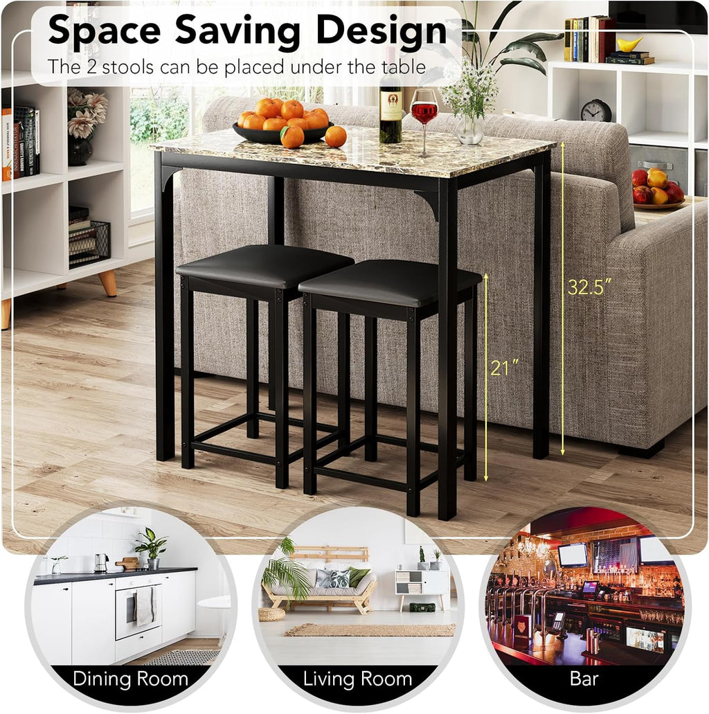 Giantex Dining Table Set for 2, Counter Height Bar Table with Faux Marble Pattern Tabletop, 2 Padded Bar Stools, Footrests, Metal Frame, Dinette Set for Kitchen Small Space Breakfast Nook Pub, Brown