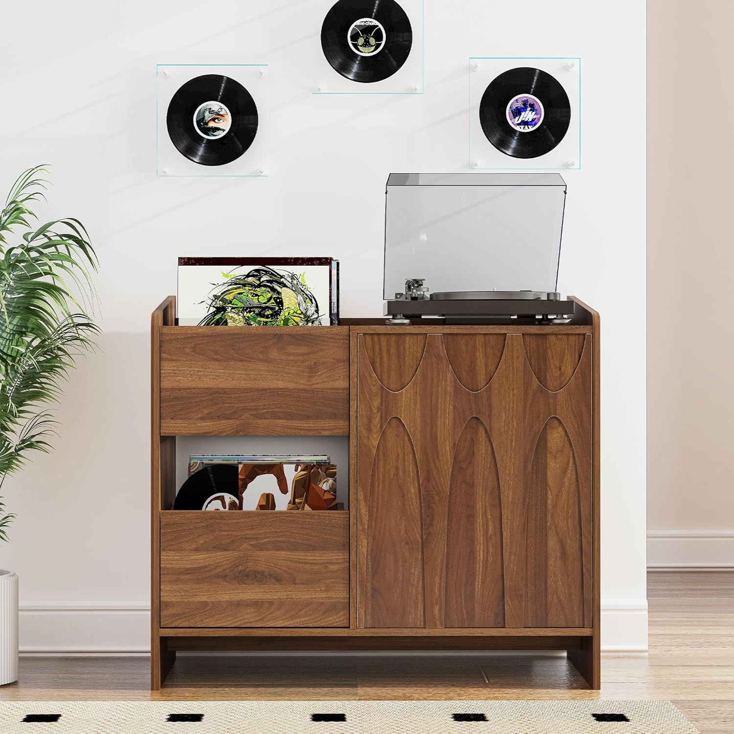 Bifins Record Player Stand with Drawer and Door, Mid Century Modern Turntable Cabinet with Vinyl Storage, Wood Record Player Table for Living Room & Music Room (Walnut)