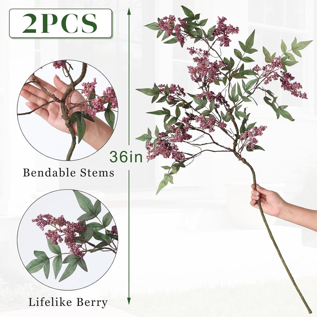 Juxdp 36" Artificial Nandina Berry Stem for Vase - 2 Pcs Realistic Faux Berry Spray, Fake Plant Branches with Stems for DIY Bouquet, Shower, Mantel, Home Decor (Dusty Plum)