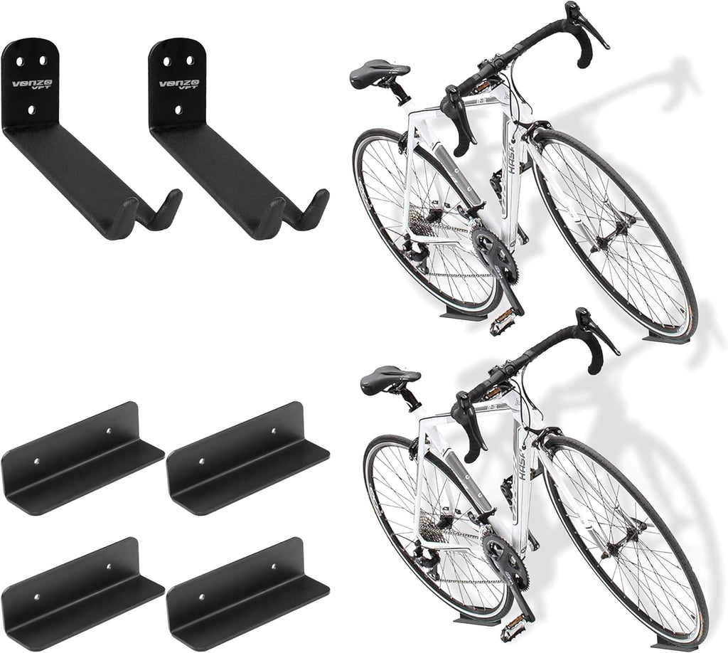 Venzo Bike Bicycle Cycling Pedal Wall Mount Indoor Storage Hanger Stand - Hook Rack Holder - with Tire Brackets - Great for Garage and Shed (2)