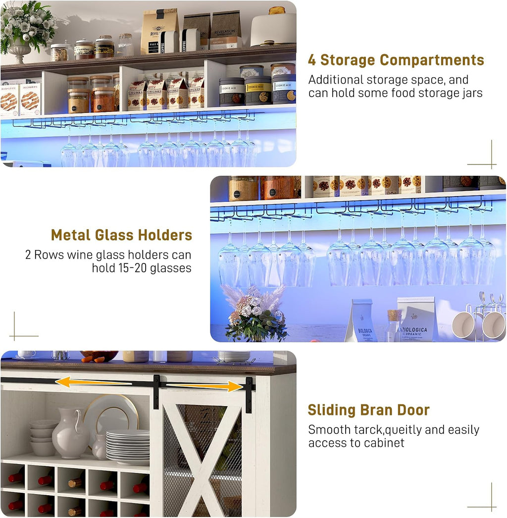 63"Wide 58"H Farmhouse Coffee Bar Cabinet with Power Outlet and LED Light,Wine Bar Cabinet w/ 4 Storage Hutch,Kitchen Buffet Cabinet with 15 Wine and Glass Racks for Kitchen Dining Room(Antique White)