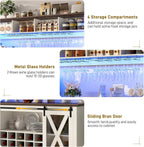 63"Wide 58"H Farmhouse Coffee Bar Cabinet with Power Outlet and LED Light,Wine Bar Cabinet w/ 4 Storage Hutch,Kitchen Buffet Cabinet with 15 Wine and Glass Racks for Kitchen Dining Room(Antique White)