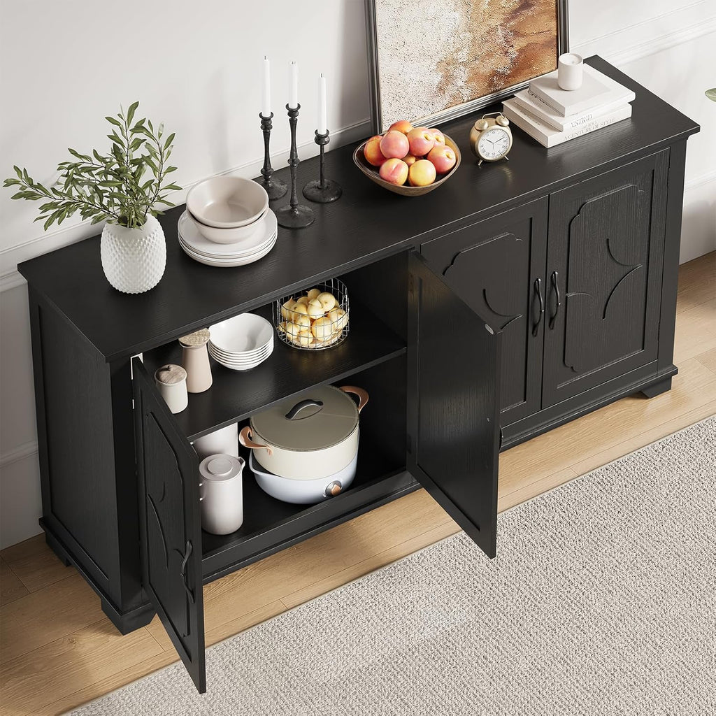 ONBRILL 63 Inch Buffet Cabinet with Storage, Large Sideboard Cabinet with 4 Carved Doors, Modern Credenza Storage Cabinets w/Adjustable Shelves for Kitchen, Living Room, Black