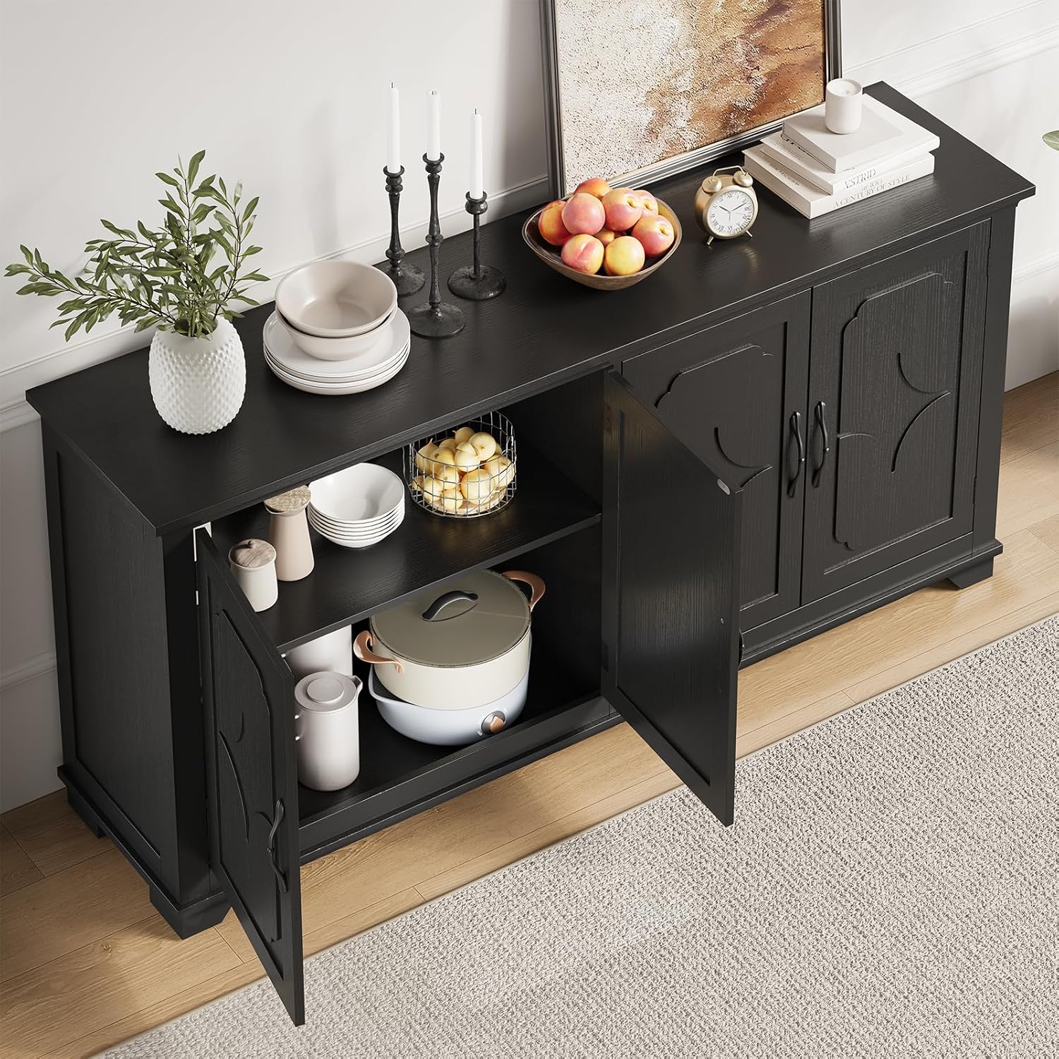ONBRILL 63 Inch Buffet Cabinet with Storage, Large Sideboard Cabinet with 4 Carved Doors, Modern Credenza Storage Cabinets w/Adjustable Shelves for Kitchen, Living Room, Black