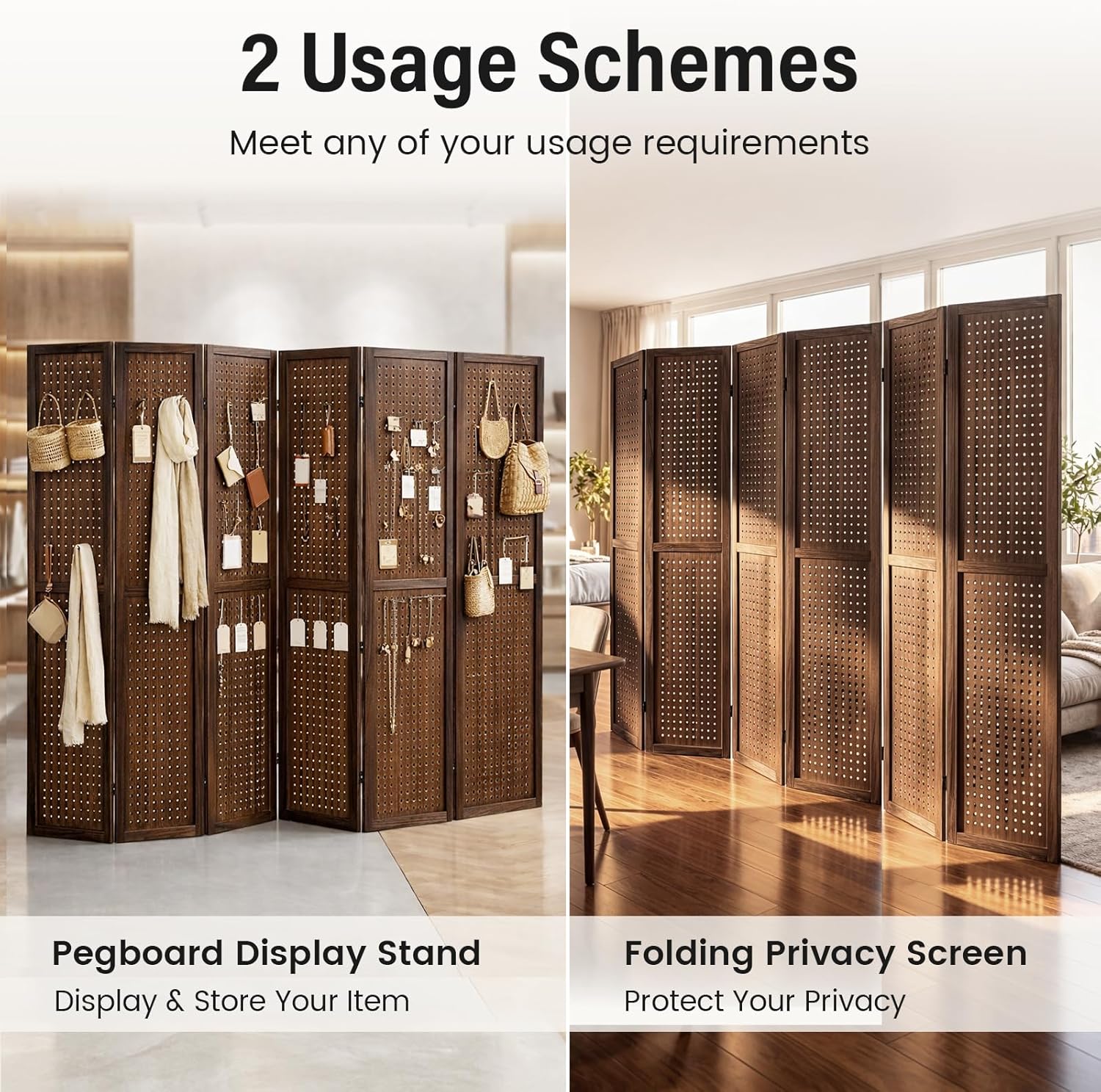 6 Panel Pegboard Room Divider, 5.6 Ft Folding Privacy Screen, Freestanding Wooden Display Board Organizer for Craft Show, Jewelry Display, Bedroom, Office, Brown