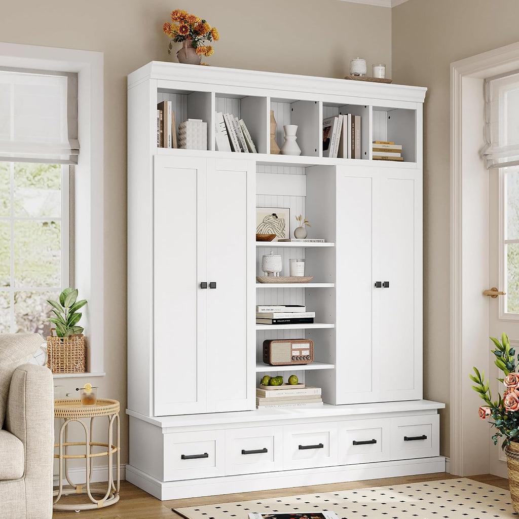 JIVOIT Modern Hall Tree with Bench and 5 Storage Cubbies, 5 Drawers | 78.7''H Hall Tree, Entryway Storage Organizer Cabinet, Adjustable Shelves, 4 Doors, Hallway, Entryway, Living Room