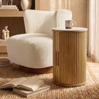 Round Fluted End Table with Storage, Natural Wood Side Table with White Sintered Stone Top, Sliding Tambour Door Nightstand, 17.4 Inch Small Accent Stand for Living Room Bedroom